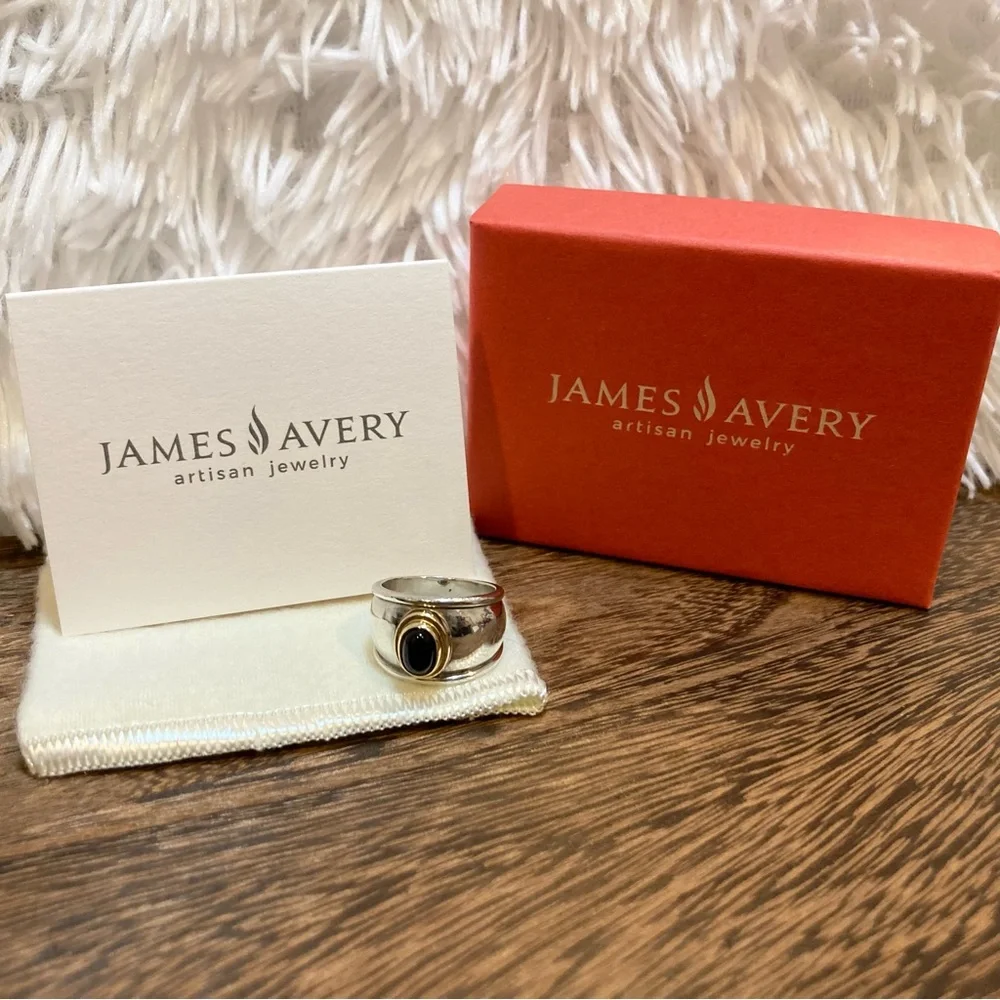 James Avery Retired Black Onyx Sterling 14k Gold Christina Ring Wide Size 5.25 - Picture 3 of 7